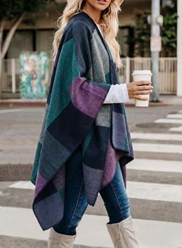 Image of Bestshe Women's Boho Open Front Poncho Plaid Shawl Wrap Cape | Tassel Cardigan Sweater, Cozy Layering, Fall Winter Clothes for Women