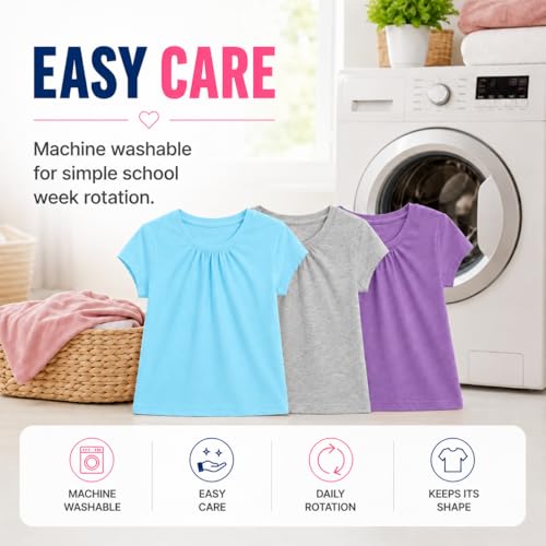 Image of Bienzoe Plain Solid Girls T-Shirts: School Basic Tee 3-Pack | Short Sleeve, Ages 4-13, PE, Recess, Outdoor Play, Soft Cotton Blend, Breathable Quick-Dry, Easy Care, Easy to Mix and Match