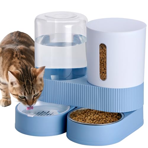 2 Pack Automatic Cat Feeder Stainless Steel Water Dispenser Gravity Food Feeder and Waterer Set with Pet Food Bowl for Small Medium Kitten Puppy Pets Large Capacity(Blue)