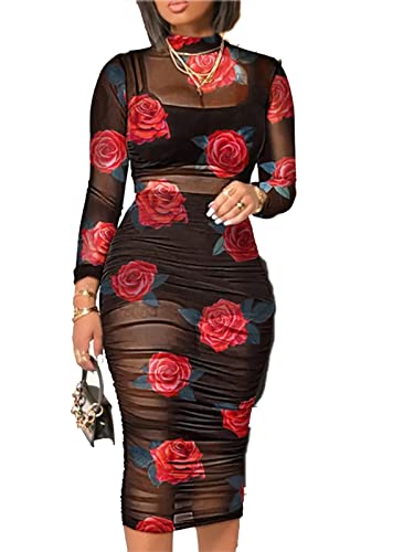 Image of Rodawu Women's Sexy See-Through 3-Piece Set Midi Dress Outfits