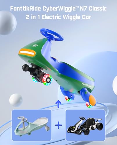 FanttikRide N7 Classic Electric Wiggle Car with Pedal, Rechargeable Battery, 2 in 1 Swing Car, 2 Speed Ride On Toy, Anti-Rollover, Flashing Wheels, Bluetooth, for Ages 3 and Up, 150 Lbs, Green