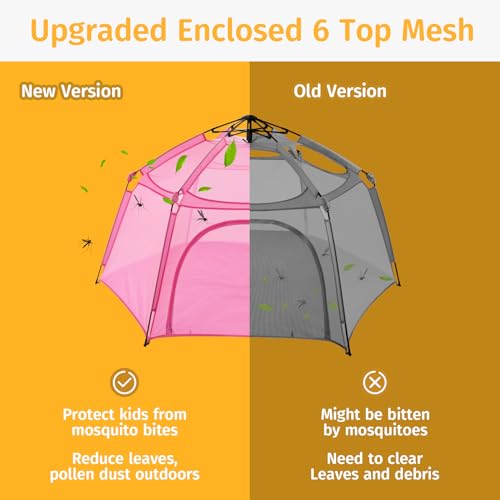 Alvantor® Pop Up Playpen 7'x7'x44”Baby Playpens Large Kids Play Tent Portable, Foldable Playpen Indoor/Outdoor Mesh Play Yard, Infant Mosquito Net, UV SPF 50+ Sunshade, Soft Foam Floor, Pink
