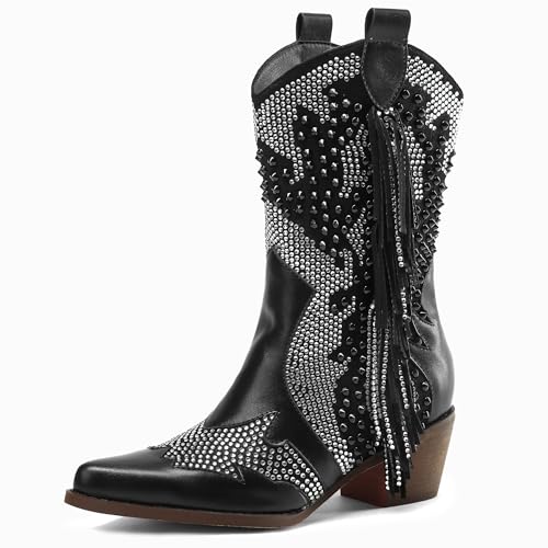 Tsrenlmln Sparkly Rhinestone Cowboy Boots for Women - Pointed Toe Western Ankle Boots with Tassel, 3.74" high, Rivet Decorated Slip-On Booties, Party & Casual Wear Black 8.5 IN by Tsrenlmln - Used condition - US$34.44