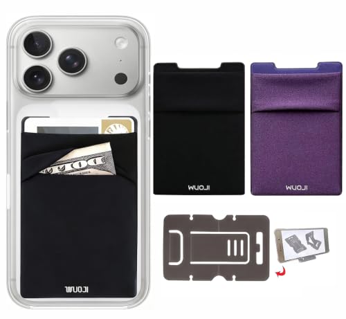 WUOJI RFID Blocking Phone Card Wallet - Double Secure Pocket - Ultra-Slim Self Adhesive Credit Card Holder Card Sleeves Phone Wallet Sticker All Smartphones (Black DarkPurple)-2PC