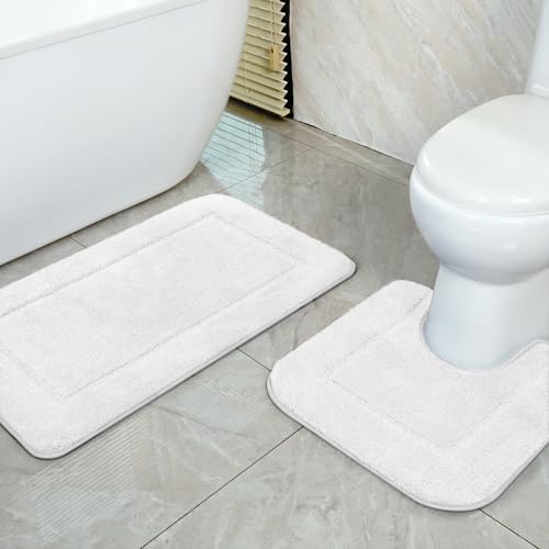 Image of SOANNY White Bath Mat Set of 2, High Density Soft Microfiber Non-Slip Bathroom Mats with Water Absorbent, 53x86 cm Bathtub Rug & 50x50 cm Toilet Pedestal Carpet, Decor Rugs Machine Washable