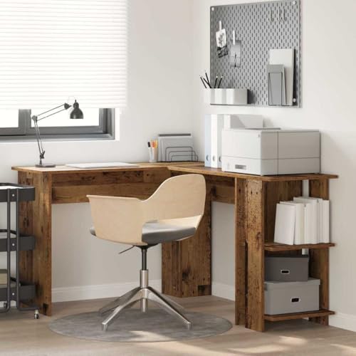 Bureau d'angle ergonomique en bois vieilli pour optimiser le rangement et le télétravail
