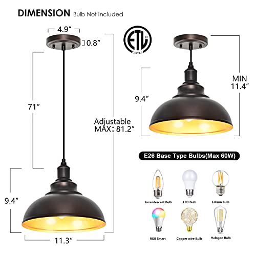 Image of 3 Pack Farmhouse Dome Pendant Lights for Kitchen Island Bronze | ETL Certificate, Easy to Install,Adjustable Height Cord,Vintage Industrial Dome Hanging Light Fixtures