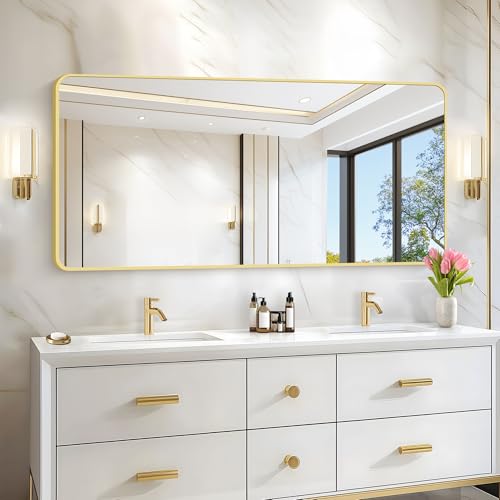 Image of 30 inchx60 inch Gold Bathroom Mirror, Large Rectangle Wall Mounted Mirror with Rounded Corner, Aluminum Metal Frame Vanity Mirror for Bathroom Bedroom Living Room