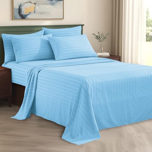 Elegant Comfort Silky-Soft 1500 Premier Hotel Quality Wrinkle-Free 4-Piece Stripe Sheet Set, California King, Aqua