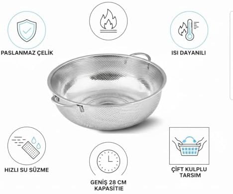 Premium 28 cm Paslanmaz Çelik Mutfak Süzgeci, Çift Kulplu Metal Makarna ve Pirinç Yıkama Kabı, Isıya Dayanıklı Delikli Sebze ve Meyve Süzme Kasesi (Gümüş) - Görsel 5
