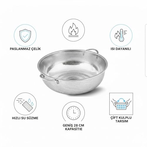Premium 28 cm Paslanmaz Çelik Mutfak Süzgeci, Çift Kulplu Metal Makarna ve Pirinç Yıkama Kabı, Isıya Dayanıklı Delikli Sebze ve Meyve Süzme Kasesi (Gümüş)