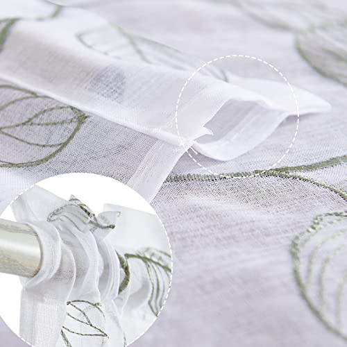 Topick White Sheer Sage Green Leaf Curtain Kitchen Valance For Windows Leaf Embroidered Voile Small Curtain Valance Semi Sheer Farmhouse Curtain 18 Inch Rod Pocket 1 Panel Green On White #TOP5