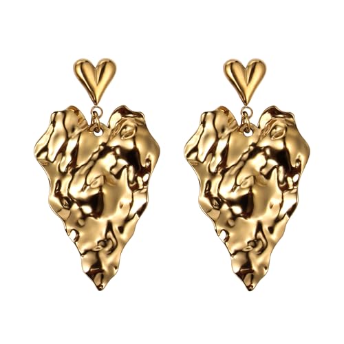 Gold Heart and Geometric Chunky Earrings for Women, Statement Drop Earrings, Retro Textured Dangle Jewelry, Trendy Lightweight Accessories by MAKUPDRM - Used condition - US$8.59