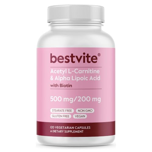 BESTVITE Acetyl L-Carnitine 500mg & Alpha Lipoic Acid 200mg per Capsule with Biotin (120 Vegetarian Capsules) - No Stearates - Vegan - Non GMO - Gluten Free