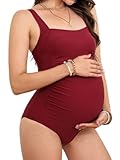 CUPSHE Maternity One Piece Swimsuit Square Neck Pregnancy Bathing Suit for Women Ruched Wide Straps Back Cutout, M Burgundy Red