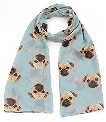 Ladies Girls Pug Dog Puppy Pugs Scarf Neck Wrap Shawl by Joy To Wear (Light Blue)