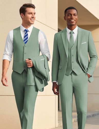 Image of WULFUL Men's Slim Fit Suit One Button 3-Piece Blazer Dress Business Wedding Party Jacket Vest & Pant