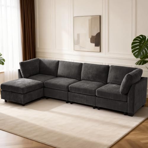 Image of TEKAMON 122 inch L Shaped Modern Sofa Modular Sectional Couch with Ottoman, 5-Seat Chenille Deep Seat Sofa for Living Room, Bedroom and Apartment, Dark Grey