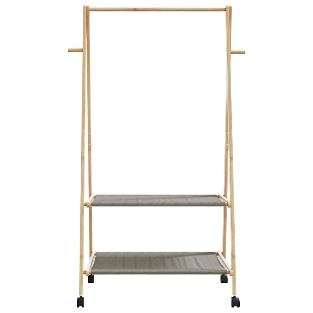 Kleiderständer aus Bambus mit Ablagen und Rollen 96x45,5x155,5 cm, klappbar und rollbar, Garderobenständer mit Kleiderstange, Ablageflächen