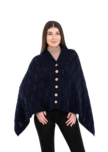 Image of SAOL Aran Poncho 100% Merino Wool for Ladies with Buttons V-Neck Shawl Cardigan