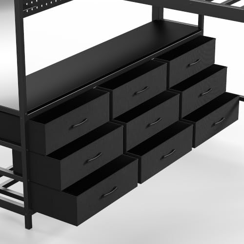 Image of Bellemave Metal Queen Loft Bed Frame with Desk, Storage Drawers,USB,Mirror for Adults,Kids,Teens,Black