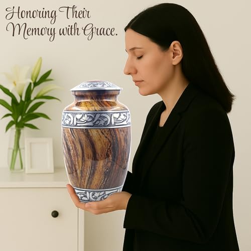 Image of Floral Silver Engraved Cremation Urn for Human Ashes Adult - Handcrafted Funeral Memorial Ashes Urn - Keepsake - Bag Included (Wood Texture) (70 Cubic Inches)