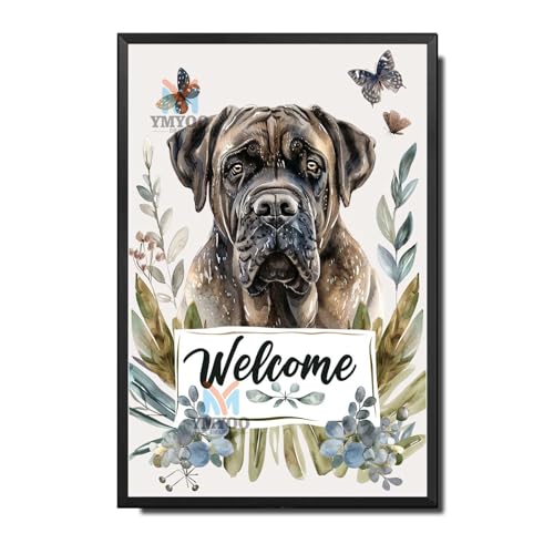 Ymyoo Decorative Tin Sign Vintage Wall Art Mastiff Welcome Large Leaved Plants for Home Offices Library Rooms and Traditional Interiors Waterproof Rustproof Aluminum 6×8 Inches with Metal Frame