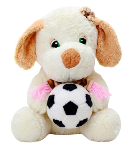 Image of Tickles Muffler Dog with Football Soft Stuffed Plush Animal Sports Theme Toy for Kids Boys & Girls Birthday Gifts (Size: 22 cm Color: White)