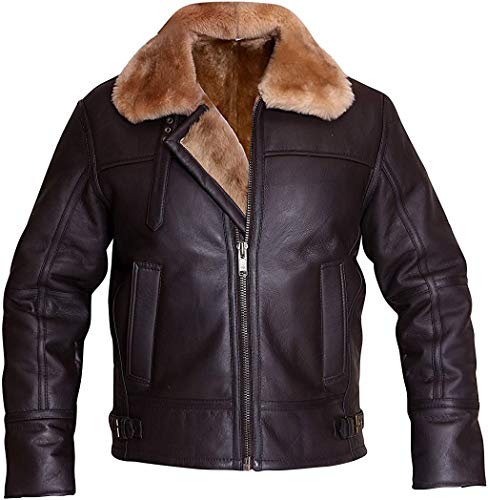 B3 Bomber WWII Pilot Real Shearling Brown Sheepskin Leather Jacket (XL)