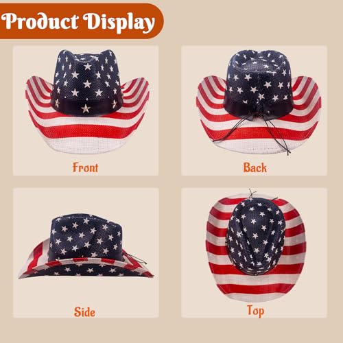 Image of Evankin American Flag Hat, USA Western Cowboy Hat on July 4th | American Flag Hat, 4th of July Patriotic Hat,USA Western Cowboy Hat, Straw Weaving Star,Summer Sunhat for Men and Women