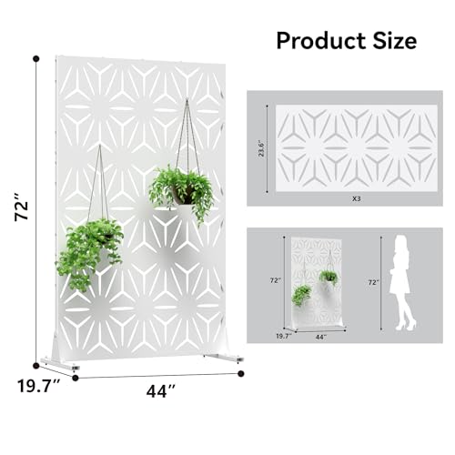Metal Privacy Screen for Outdoor Freestanding Privacy Screens, 72\" H x 44\" W Patio Metal Fence Panels with Stand, Portable White Screens for Outside Deck Balcony Garden and Indoor