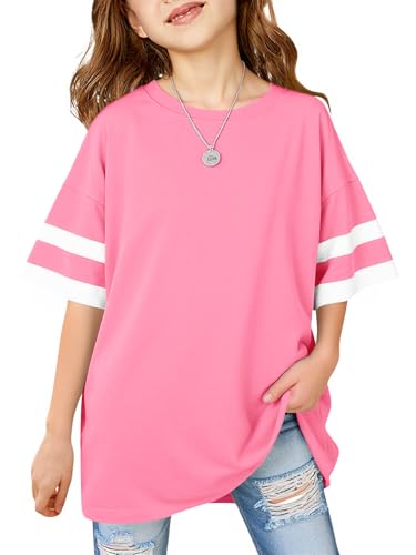 Image of Girls Oversized T Shirts Kids Summer Striped Short Sleeve Tops Casual Crewneck Tees 5-14 Years