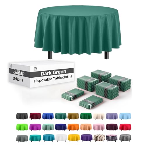 Image of Party Solids 24-Pack Dark Green Plastic Round Table Cloth - 84-Inch Disposable Tablecloth for Parties