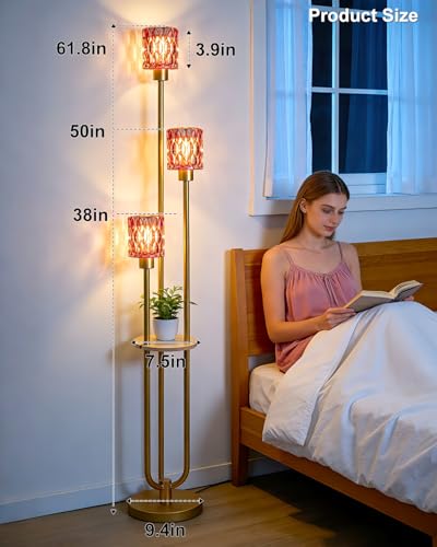 Image of 62IN Gold Floor Lamp with Deep Red Glass Shade 3-Lights Mid-Century Modern Farmhouse Floor Lamps with 3000K Warm White Bulbs, Tall Standing Lamp with 5Lbs Heavy Base for Living Room /Bedroom