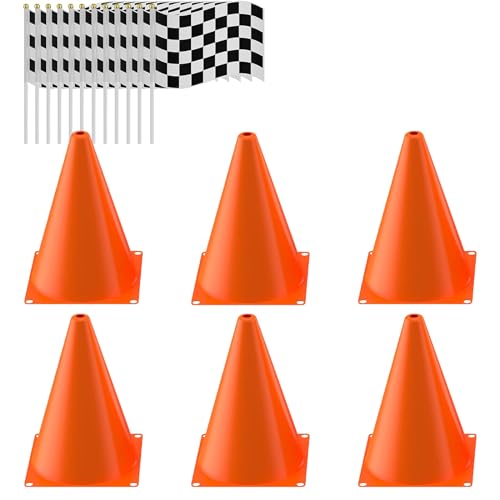 Traffic Cones with Racing Checkered Flags-6 Traffic Cones With Hole on Top, 12 Checkered Flags, Race Car Birthday Party Supplies, Table Centerpiece Decorations, Kids Gift (18PCS)