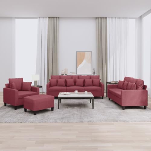 vidaXL Sofagarnitur 4-TLG., Sessel Couch mit Kissen Fußhocker, Sofa Wohnzimmersofa mit Armlehnen, Couchgarnitur Designsofa Sitzmöbel Polstermöbel, Weinrot Stoff – Bild 3