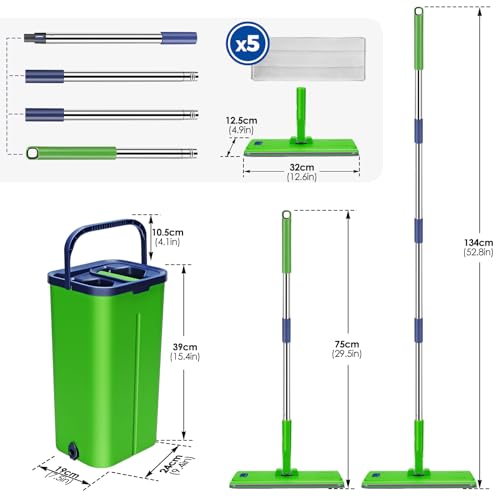 HEVOL Wischmopp Set mit Eimer, Bodenwischer mit Auswringfunktion, 360-Grad-Drehkopf, Langem Edelstahl Griff, 5 Stück Mikrofaserpads, Nass- und Trockengebrauch für Hartholz-Laminat-Fliesenboden – Bild 3