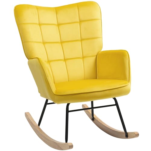 HOMCOM Fauteuil à Bascule, Rocking Chair, revêtement en Velours, Fauteuil Allaitement, Chaise à Bascule, Structure en Acier, Pieds en Bois Massif, Jaune