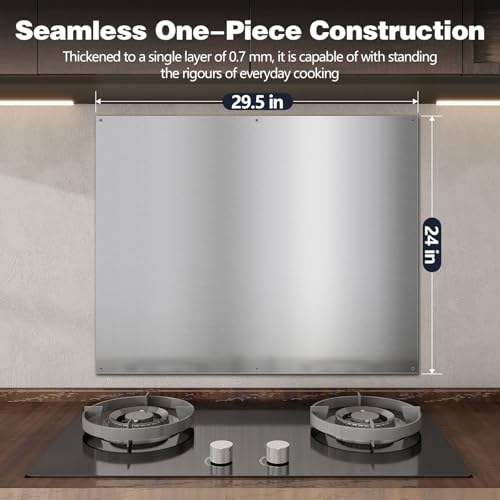 JOEAONZ 30" x 24" Stainless Steel Backsplash for Stove, Heavy Duty 430 Metal Splatter Guard Heat Shield, 6 Pre-Drilled Holes, Easy Wall Mount, Reversible to Fit Behind Range, Countertop or Sink by JOEAONZ - Used condition - Image 4