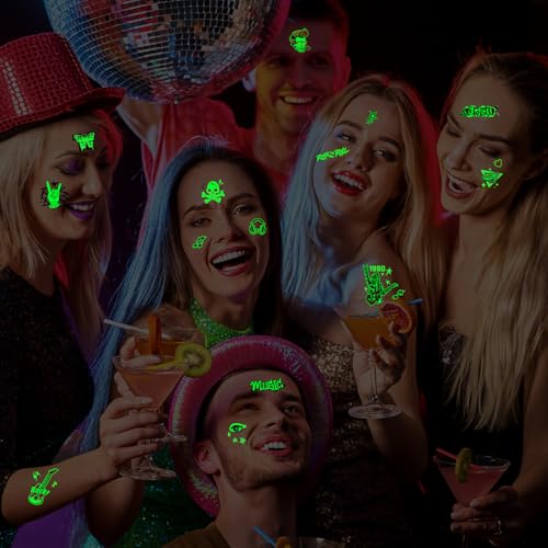 Qpout 18 Sheets Glow In The Dark Music Rock Band Star Temporary Tattoos,Luminous Guitar Rock and Roll Fake Tattoos Stickers for 90s Themed Birthday Party Decorations Favors Supplies Carnival - Image 6