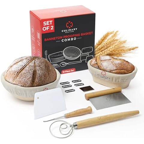 Bread Proofing Basket Set of 2 - Round 9" & Oval 8" Sourdough Bread Baking Supplies w/Linen Liner, Scrapers, Scoring Lame, Whisk, Blades Banneton Proofing Baskets - Sourdough Starter Kit for Beginners Cover