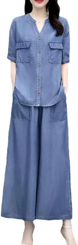 Womens Elegant Denim Two Piece Set Short Sleeve Shirt And Elastic Waist Harem Pants Thin Summer Casual Outfit