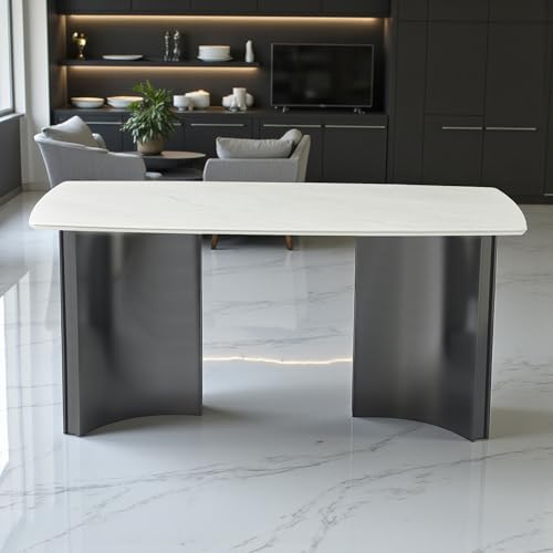 Image of The Attic Lunar Crest Ceramic Dining Table with Curved Titanium Base - Modern Luxury Rectangular 6 Seater Dining Table for Home & Hospitality