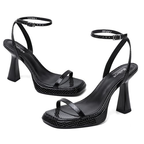 Image of Reitoye Strappy Heels for Women Platform Chunky Square Toe Heeled Sandals | Women's Heeled Sandals,Block High Heel,Adjustable Ankle Strap,All-Day Comfort Non-slip Sole,Party,Wedding,Prom Heels Shoes
