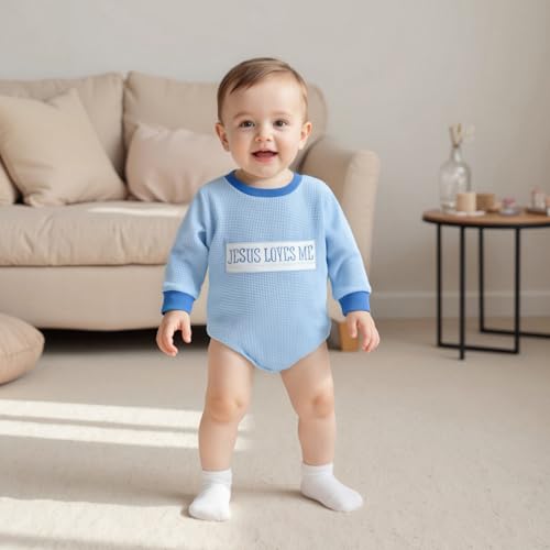 Newborn Baby Boy Clothes Jesus Loves Me Sweatshirt Romper Waffle Knit Long Sleeve Bodysuit Christian Baptism Outfit3