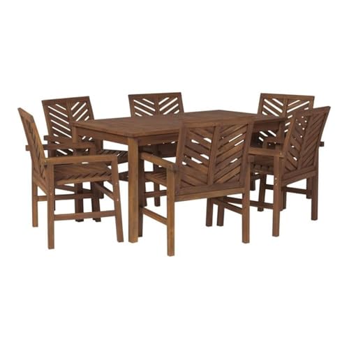 Walker Edison 6 Person Outdoor Wood Chevron Patio Furniture Dining Set Table Chairs All Weather Backyard Conversation Garden Poolside Balcony, 7 Piece, Dark Brown