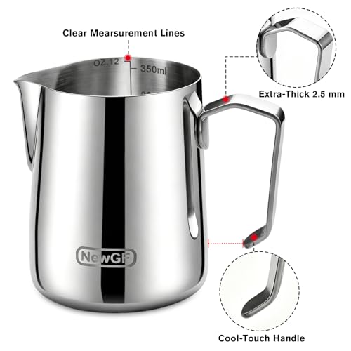 NewGF Stainless Steel Milk Frothing Pitcher - 12oz (350ml), Espresso Steaming Pitcher for Coffee, Cappuccino, Premium Barista Tools for Precision Latte Art, 12oz Jug Cup — view 2