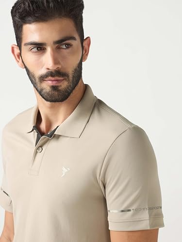 Image of TECHNOSPORT Men's Solid Slim Fit Polo Collar T-Shirt TECHNOCOOL+ Half Sleeve Button Polyester for Gym Running Workout UPF50+ Anti Odour