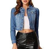 Allegra K Women's Jean Jackets Puff Sleeve Button Up Cropped Denim Jacket Small Blue