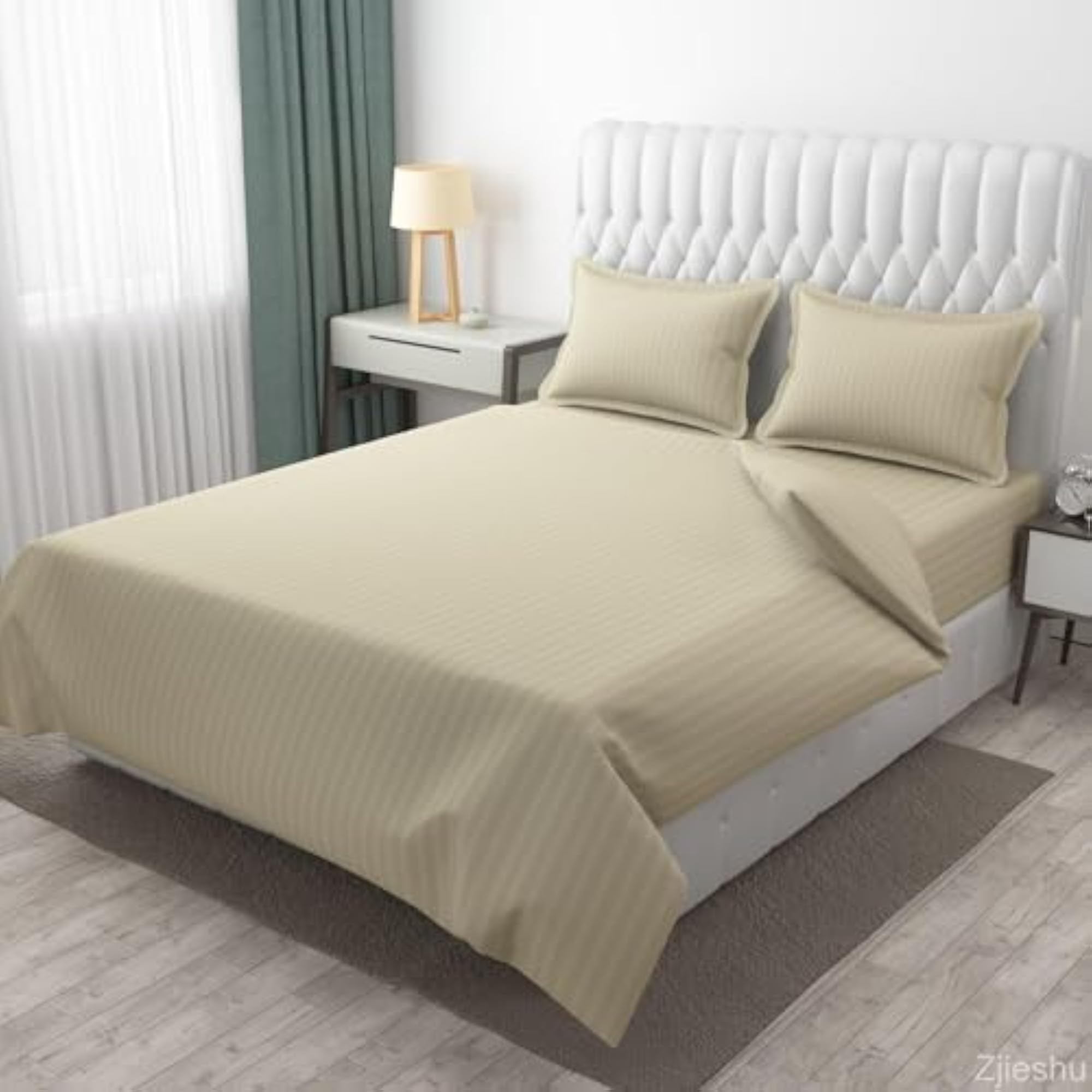 100% Cotton 300tc Queen Size Beige Striped Double Bedsheet
